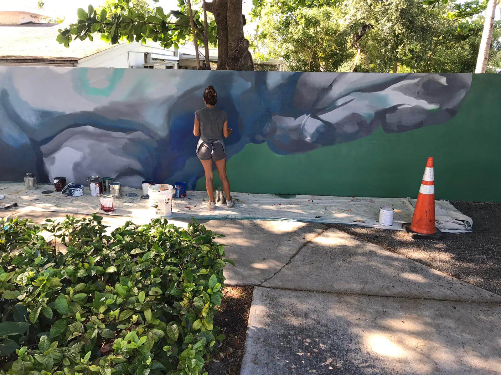 Cat Ferraz paining a mural in Hollywood Fla, on a concrete sound barrier.