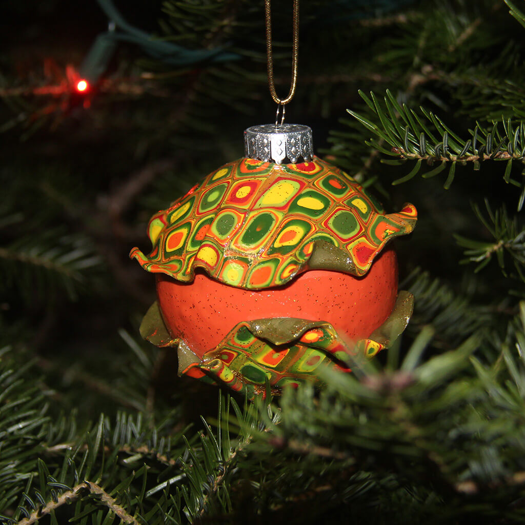 One of Yuliya Shulman's colorful Christmas ornaments made from polymer clay. 