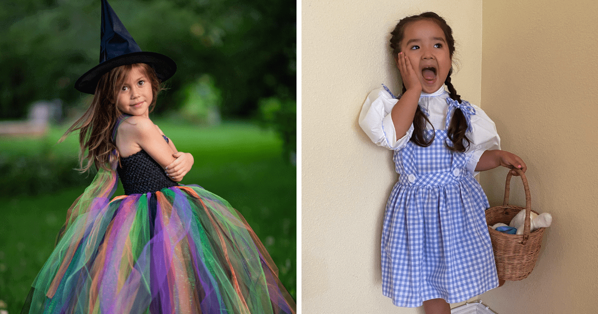 Young girl in a witch costume by Fuzzy Duckling Designs. The bodice of her tutu gown is black and the bottom is also black and features green, purple and orange tule.  The right photo is of a young girl in a blue and white gingham dress and white shirt inspired by the outfit Dorothy wears in the Wizard of Oz. The costume was made by Wren Amber. 