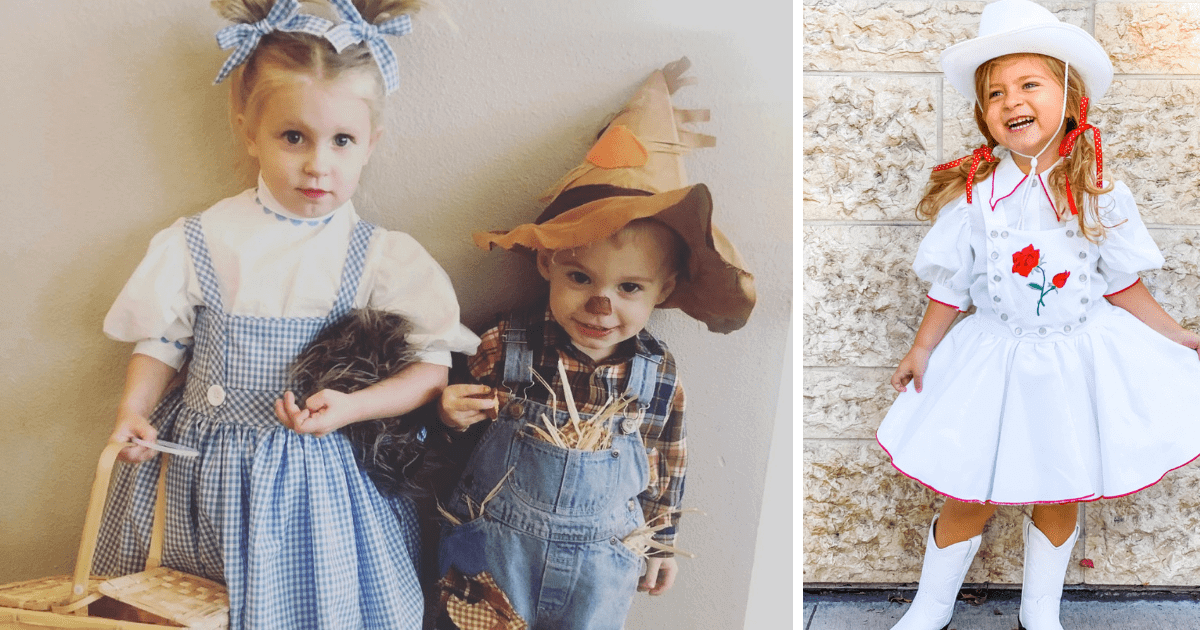 Costumes by Amber of Wren Amber. A little boy and girl is shown. The girl wearing a blue and white gingham dress, inspired by the Dorothy character in The WIzard of Oz. The second photo is of a blonde-haired child wearing her hair in pigtails and a cowgirl outfit. 