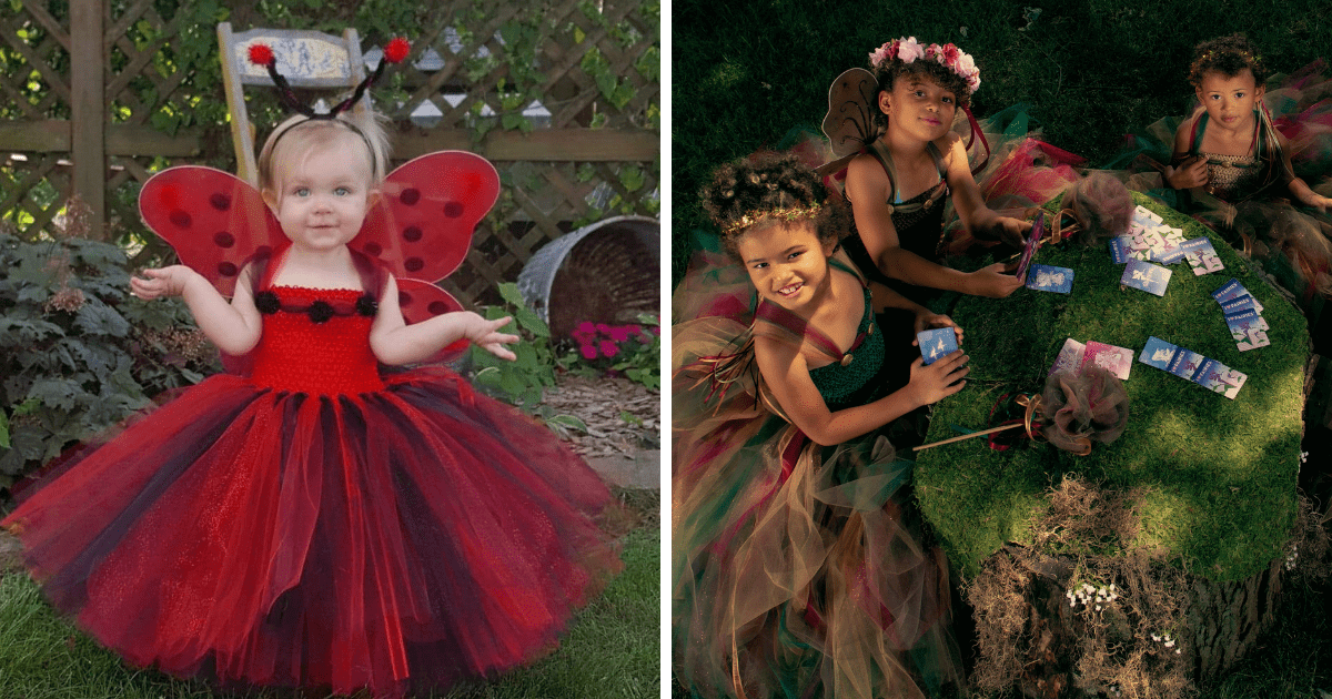 Image features two photos. The left one is of a toddler with blonde hair in  a ladybug costume by Lisa Garcia of Fuzzy Duckling Designs, It is red tutu dress with red wings with black spots and a ladybug antenna headband. The photo to the right features three girls in fairy costumes, also designed by Lisa.