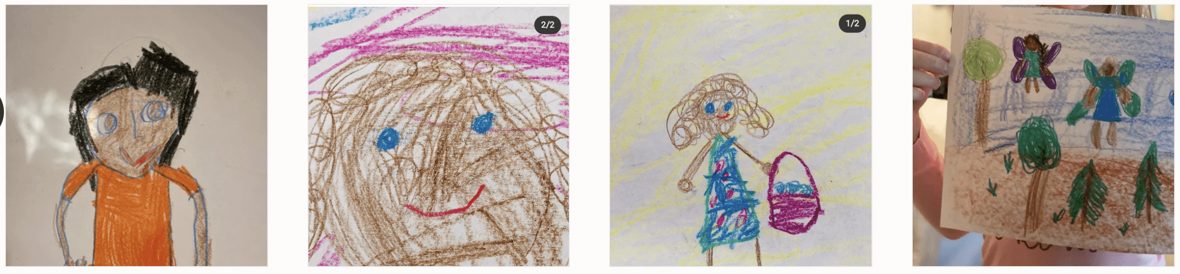 Screenshot of real  artwork by children incorporating All of Us Crayons in their drawings..