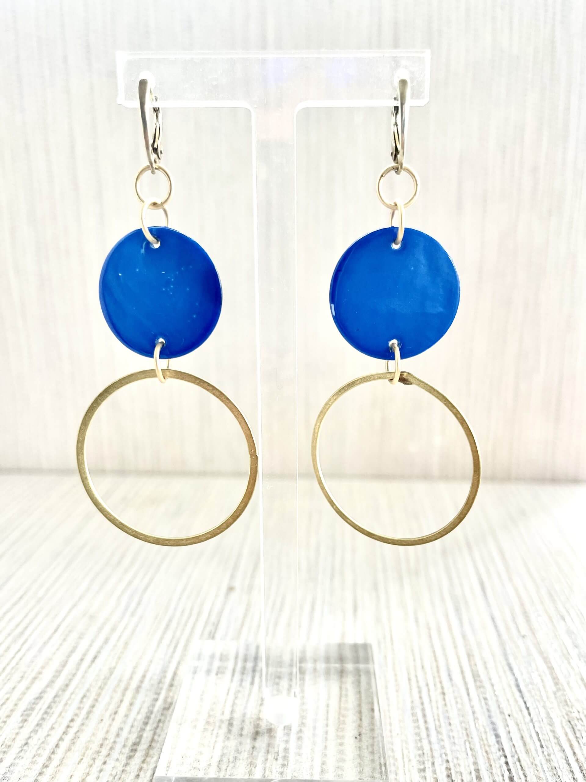 Blue and gold dangling earrings designed by Melissa Panszi-Riebe of A D'Zine.