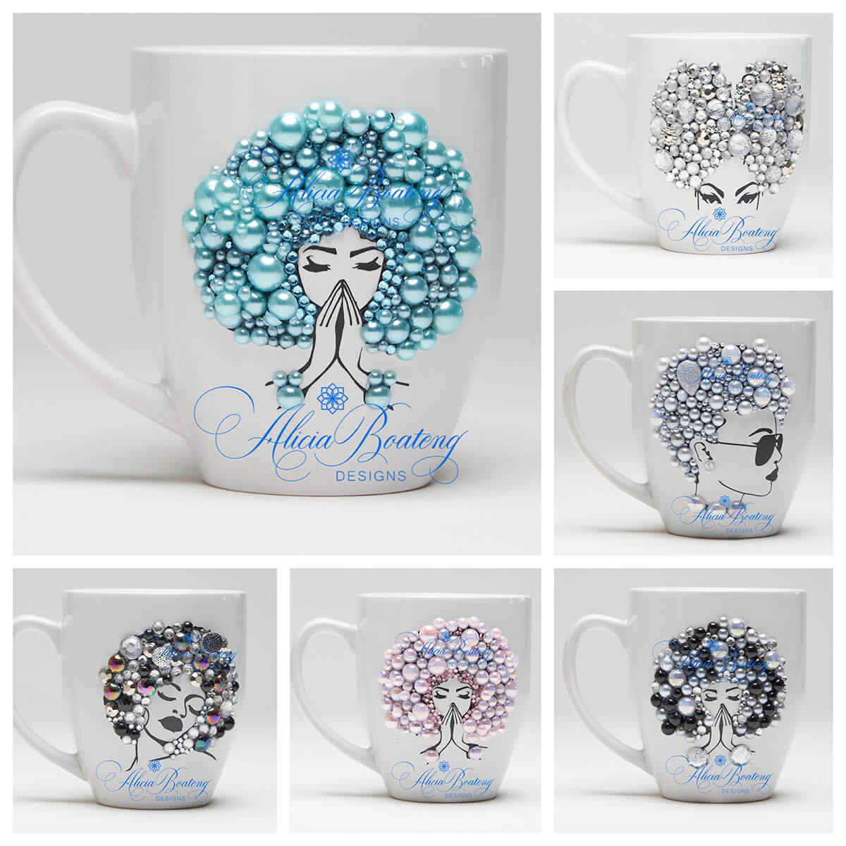 Photo shows 6 of Alicia Boateng Designs coffee mugs featuring influential BIPOC women accentuated by gems and beads. 