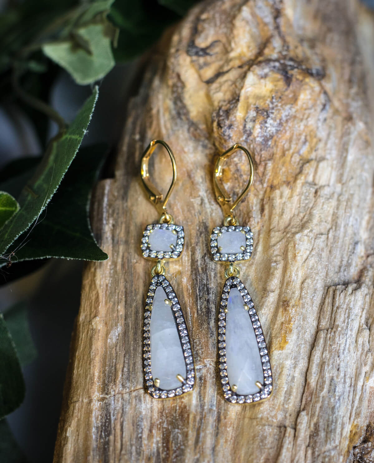 Gem and crystal earrings in gold from Rachel Reinhardt Jewelry.