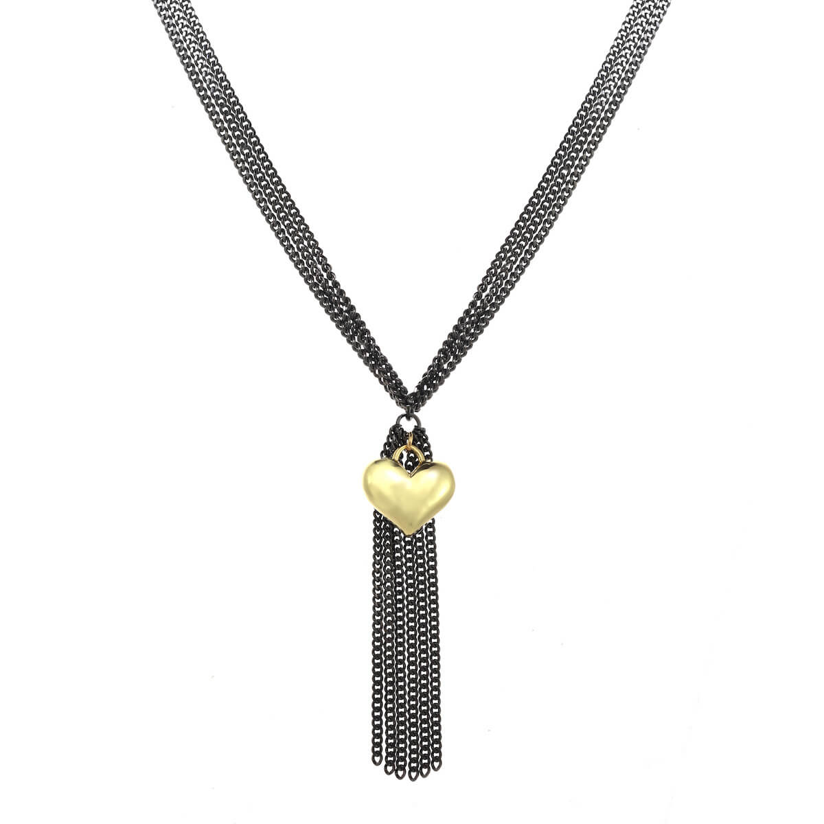 Multi-strand necklace in gunmetal with a gold heart by Rachel Reinhardt Jewelry.