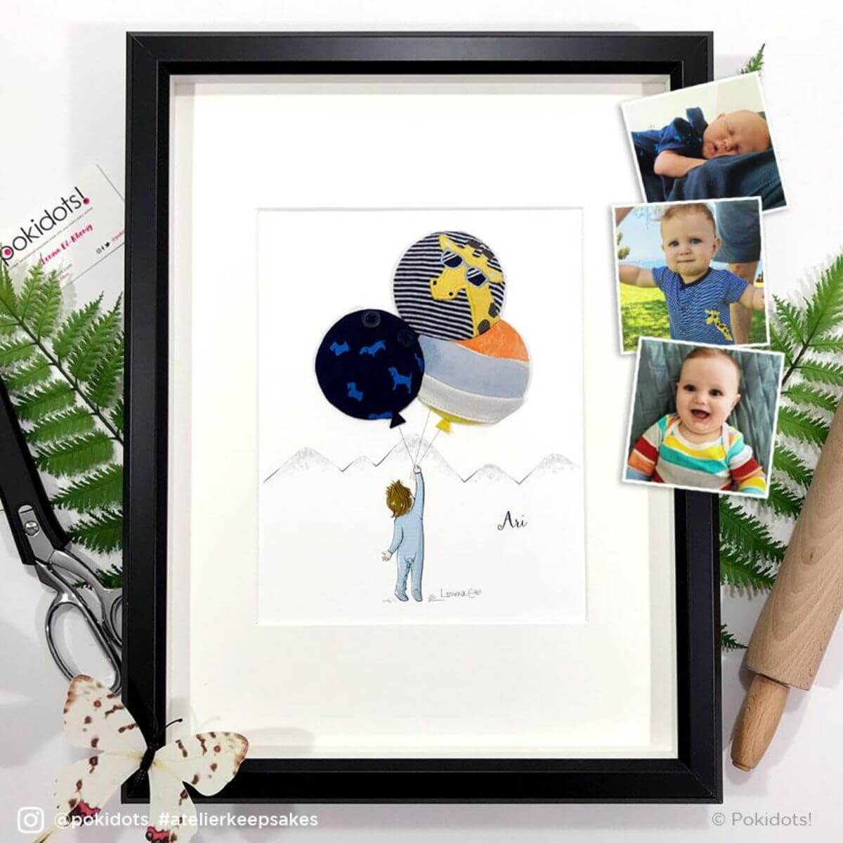 An example of a keepsake illustration & artwork crafted from sentimental baby clothes created by Louma for a client.