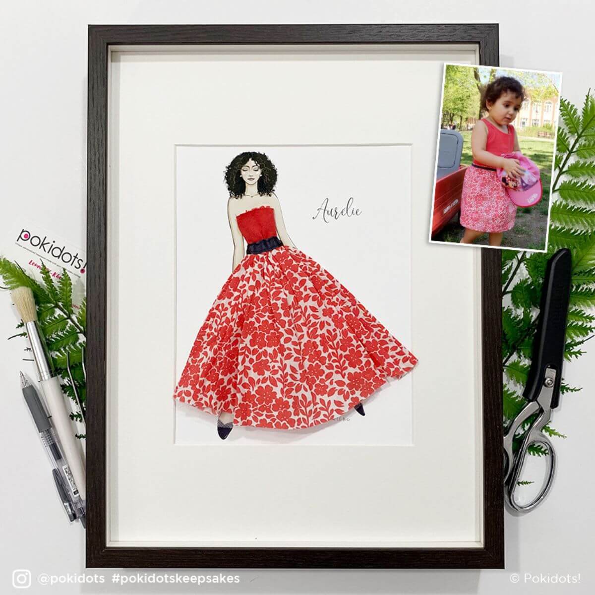 An example of a keepsake illustration & artwork crafted from a sentimental dress worn by a young girl/toddler created by Louma for a client.