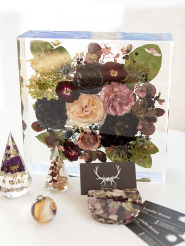 Floral preservation. A bouquet is preserved in resin.