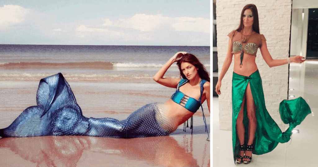 Image features two photos of mermaid costumes for adults designed by Mel Rose. The one on the left features a blue mermaid bottom and the right features a green bottom. 