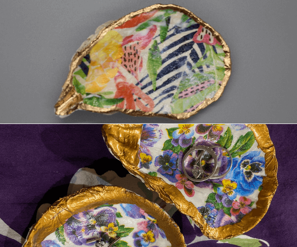 Idea for handmade gifts for Mother's Day: features two different decoupage sea shells as trinket or jewelry dishes. 